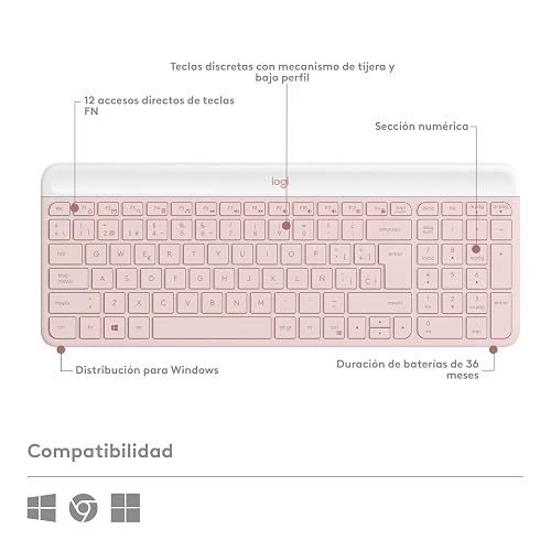 Logitech MK470 Combo Teclado y Mouse Inalámbricos para Windows, Receptor USB 2.4 GHz, 12 Teclas FN, Minimalista y Estilizado, para Windows 10,11 o Posterior, Funciona con Surface - Rosa