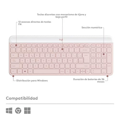 Logitech MK470 Combo Teclado y Mouse Inalámbricos para Windows, Receptor USB 2.4 GHz, 12 Teclas FN, Minimalista y Estilizado, para Windows 10,11 o Posterior, Funciona con Surface - Rosa