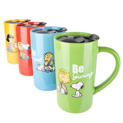 Peanuts Snoopy Gentle Reminders - Taza de viaje de 18 onzas con tapa, gres, paquete de 4, colores surtidos