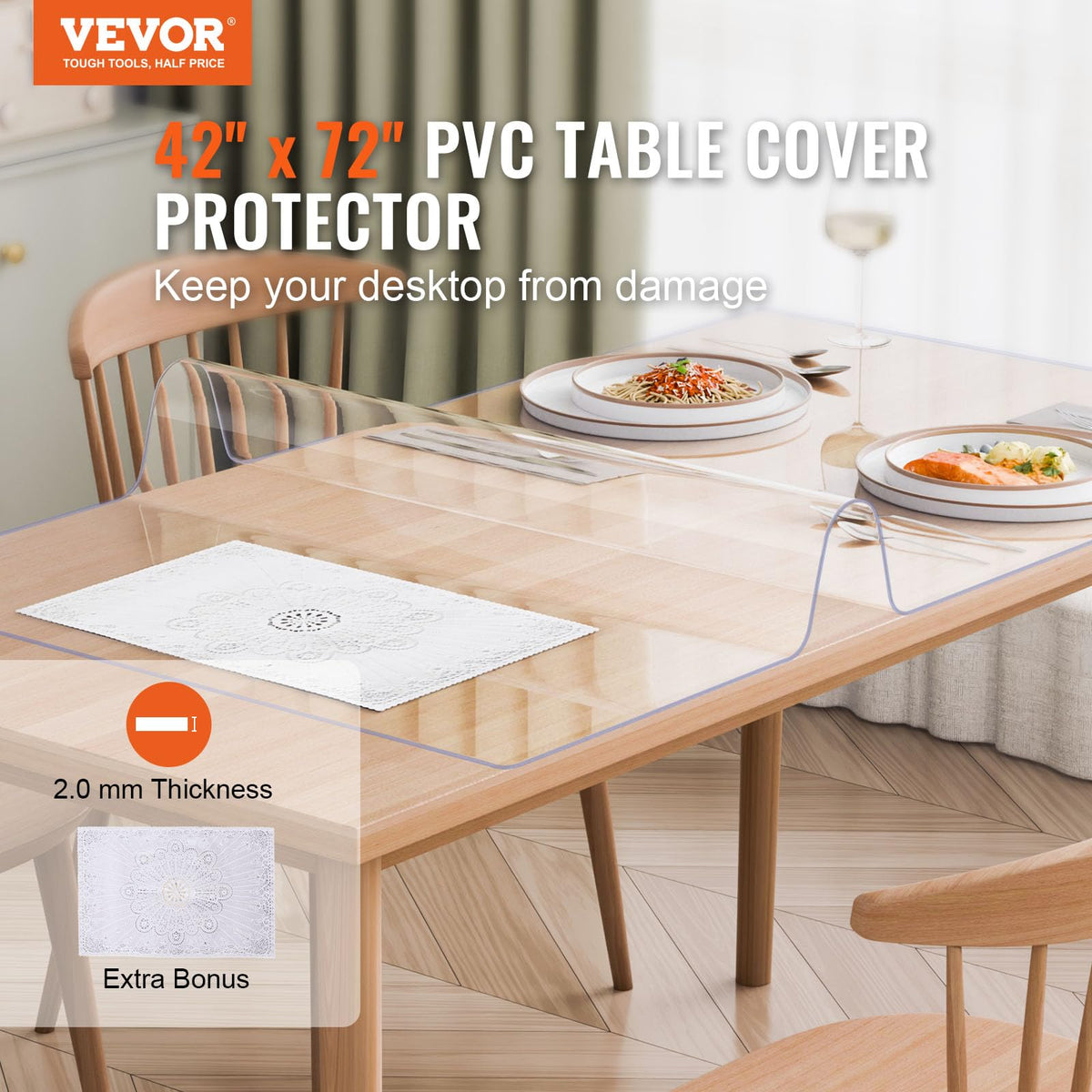 VEVOR Mantel Transparente Rectángulo 106,7x182,9 cm Mantel de PVC para Mesa Espesor de 2 mm Protector de Mesa de PVC Impermeable Fácil de Limpiar para Oficina, Cocina, Restaurante, Comedor