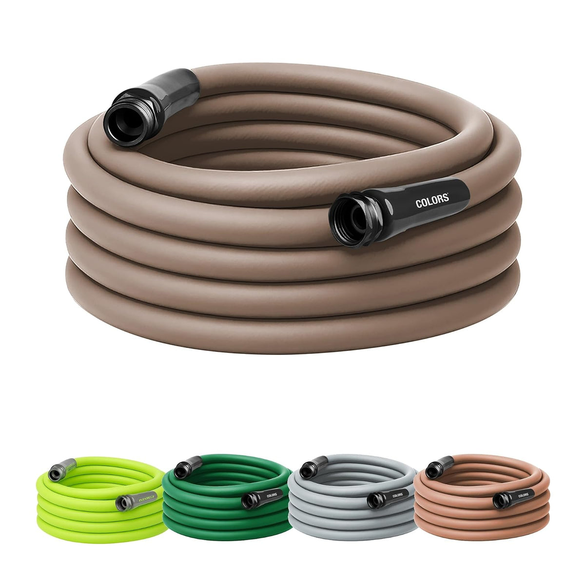 Flexzilla Colors - Manguera de jardín de 5/8 pulgadas x 50 pies, manguera de agua ligera para todo tipo de clima, duradera y flexible, conexiones sin fugas, mantillo café