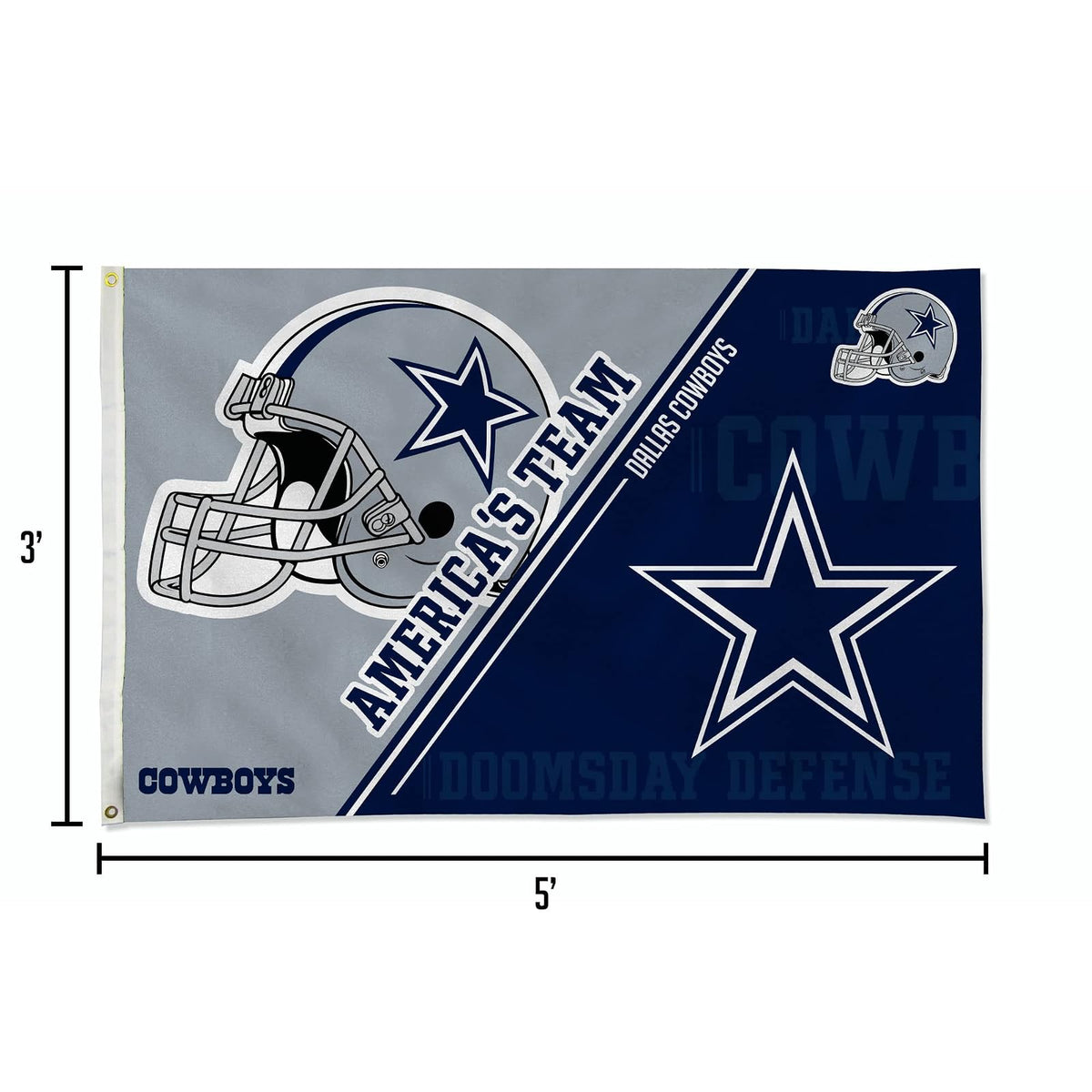 NFL Rico Industries Dallas Cowboys - Bandera de doble logotipo de 3 x 5 pies, bandera de 3 x 5 pies, bandera de una sola cara, interior o exterior, decoración del hogar