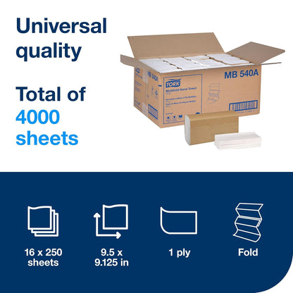 Tork - Toalla de mano multiplegado, color blanco, H2, 16 x 250, MB540A | Compatible con dispensadores H2, 1 capa, universal, 100% fibras recicladas