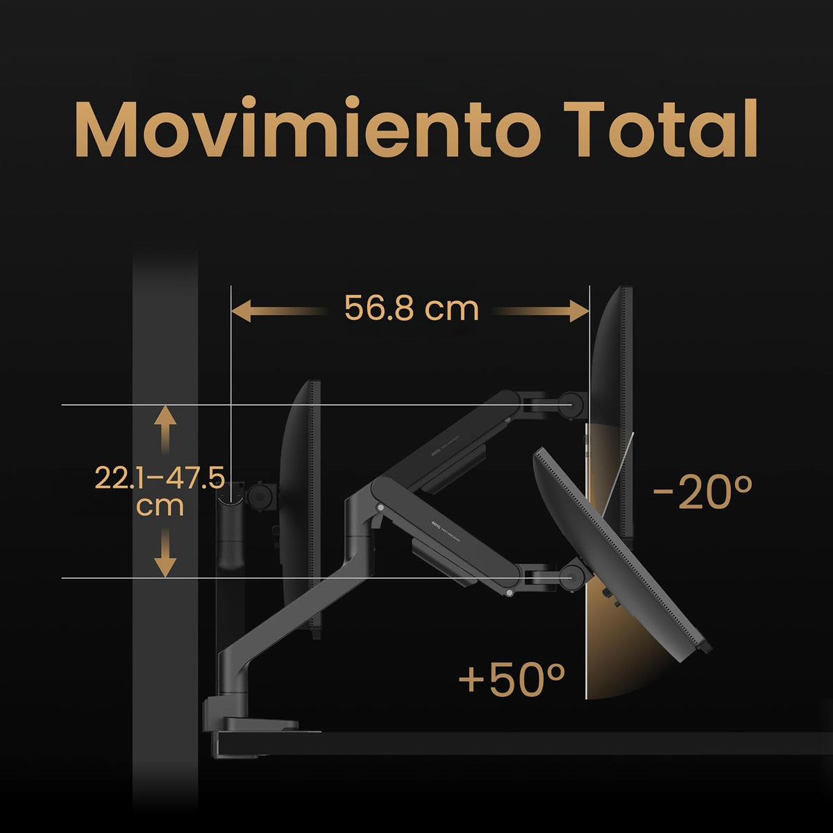 BenQ Brazo para Monitor Ergo BSH01 - Soporte de Resorte de Gas para Pantallas de hasta 45'' y 19.9Kg, Resistente, sin hundimiento, Abrazadera Superior y Base con Ojal, Placa de Refuerzo
