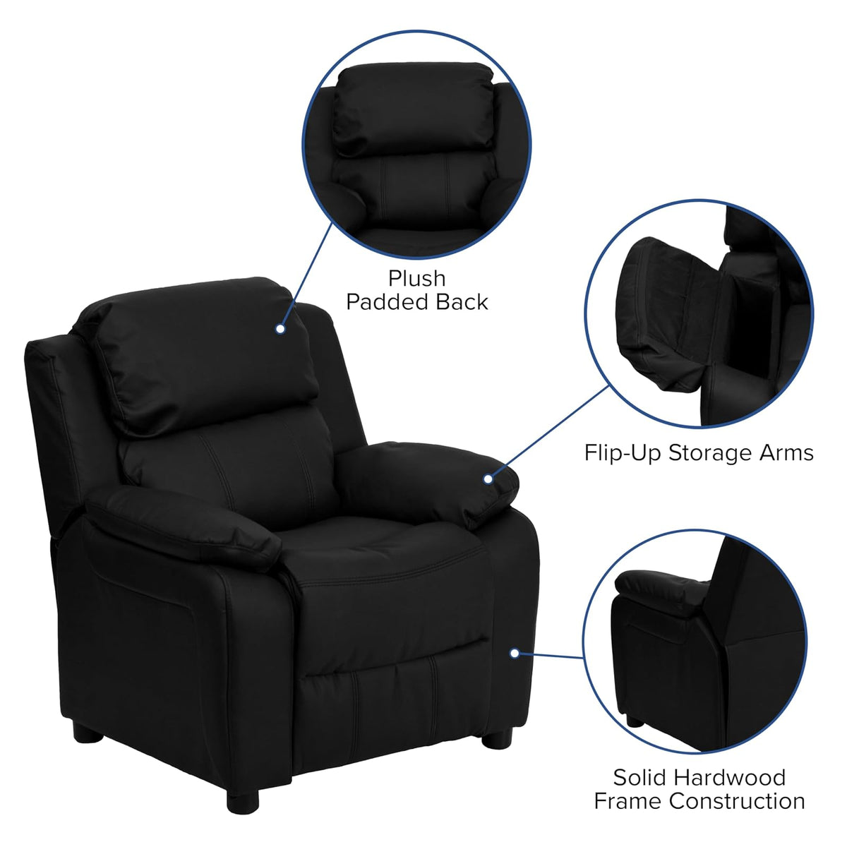 Flash Furniture - Sillón reclinable acolchado de lujo contemporáneo de cuero negro para niños con brazos de almacenamiento