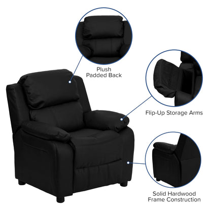 Flash Furniture - Sillón reclinable acolchado de lujo contemporáneo de cuero negro para niños con brazos de almacenamiento