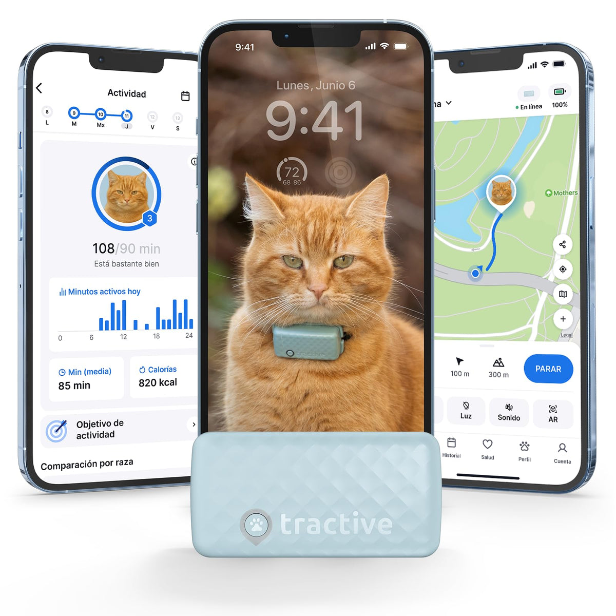Tractive - Rastreador GPS y monitoreo de Salud para Gatos (6 Libras +) - Rastreador de ubicación GPS para Mascotas líder en el Mercado | Alertas de Bienestar y Escape, Impermeable, Funciona con