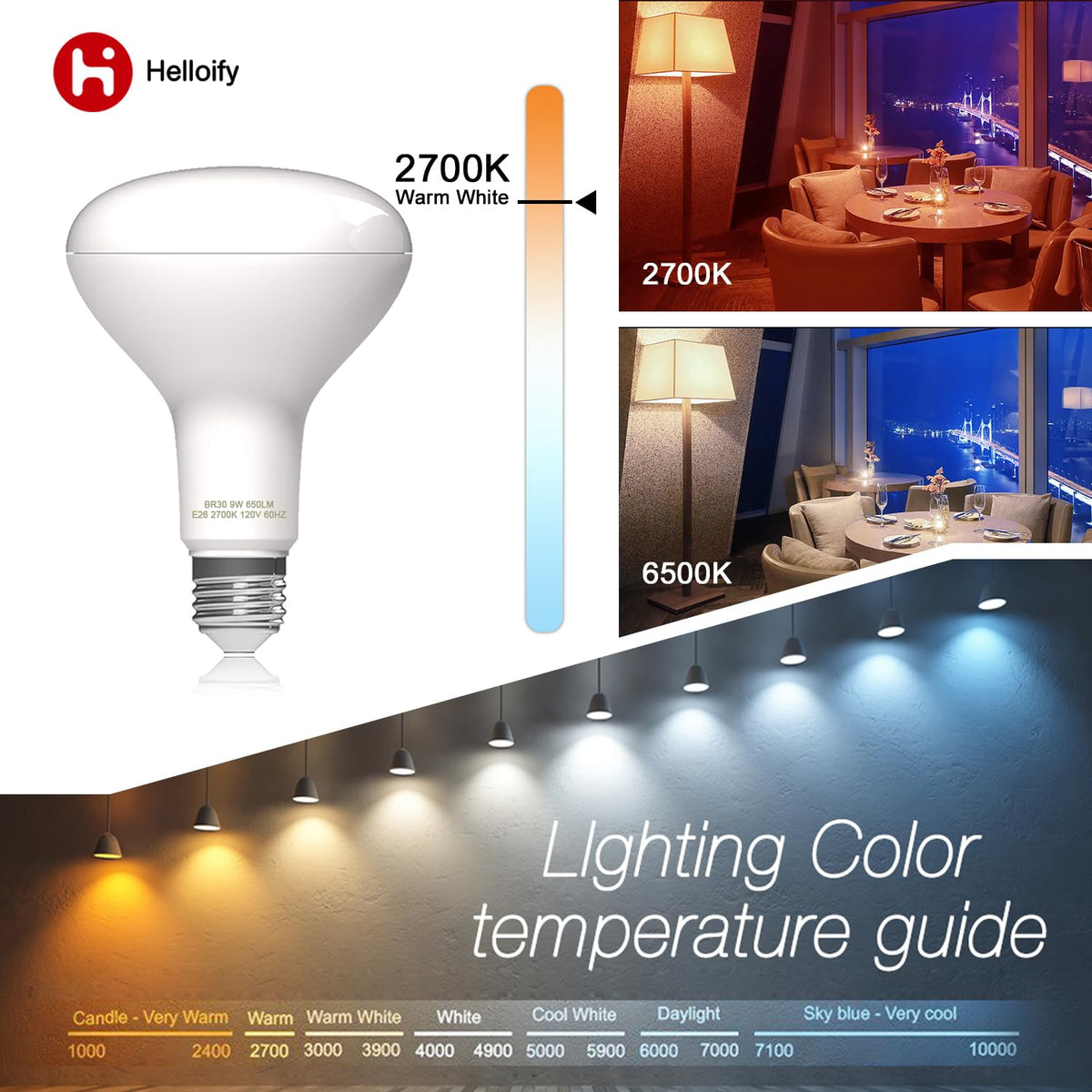 Helloify BR30 - foco LED de inundación, 9 W, equivalente a 65 W, luz blanca suave de 2700 K, lámpara de ahorro de energía para oficina/hogar, no regulable, base de tornillo E26, 6 unidades