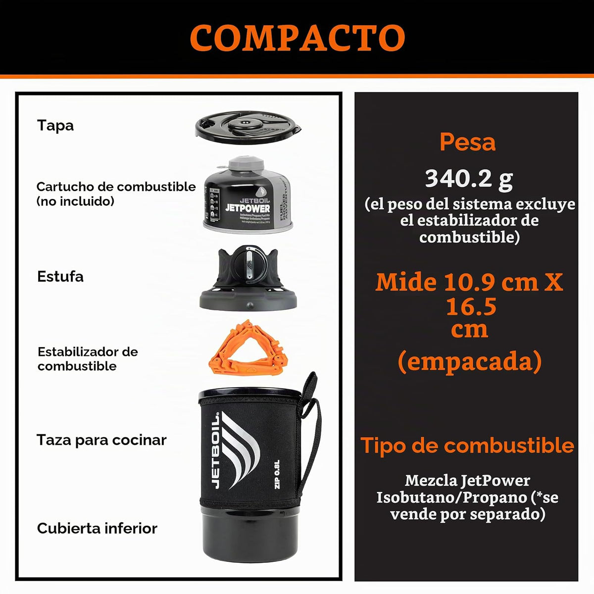 Jetboil - Estufa portátil de ebullición rápida con cierre de 0,8 l con botón de giro fácil para mochileros y camping, quemador de propano/isobutano con taza de cocina, carbono