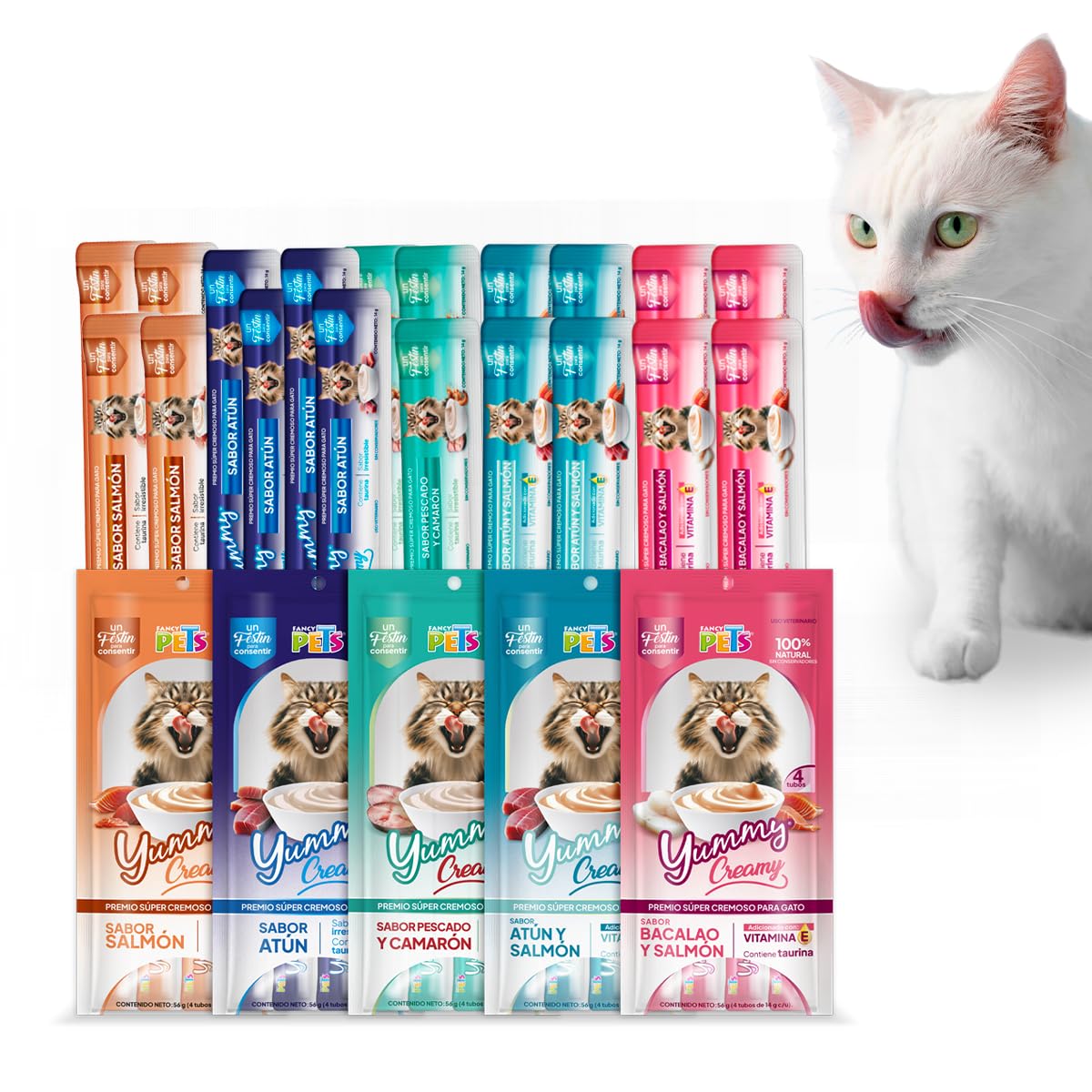 Premio cremoso lamible Fancy Pets Yummy Creamy para gato, surtido atún y salmón - 5 Sabores - 20 TUBOS