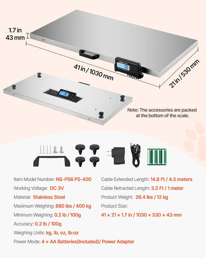 VEVOR - Escala de ganado de 800 libras x 0.25 libras, báscula de envío de plataforma grande, báscula de acero inoxidable de 40.6 x 20.9 pulgadas, báscula industrial de piso grande, escala de animales