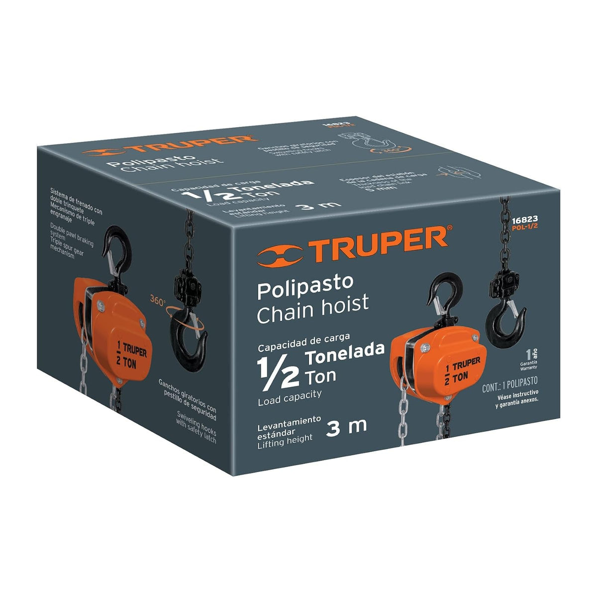 Truper POL-1/2, Polipasto de 1/2 ton, ganchos forjados en acero al cromo con giro de 360°
