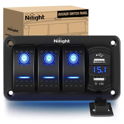 Nilight Panel de interruptor de 3 bandas con cargador USB dual de 4,8 amperios, voltímetro impermeable de 12 V, 24 V CC, interruptor con pegatinas de brillo nocturno para coches