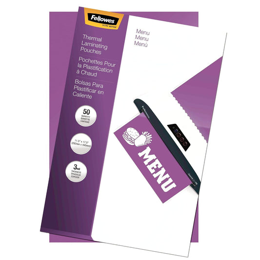 Fellowes Laminating Pouches, Thermal, Menu Size, 3 Mil, 50 Pack (52013)