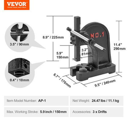VEVOR Prensa de Eje Prensa de Eje Manual 1 T Altura Máxima de 150 mm Hierro Fundido Resistente Prensa Manual de Precisión para Estampar, Doblar, Estirar, Formar