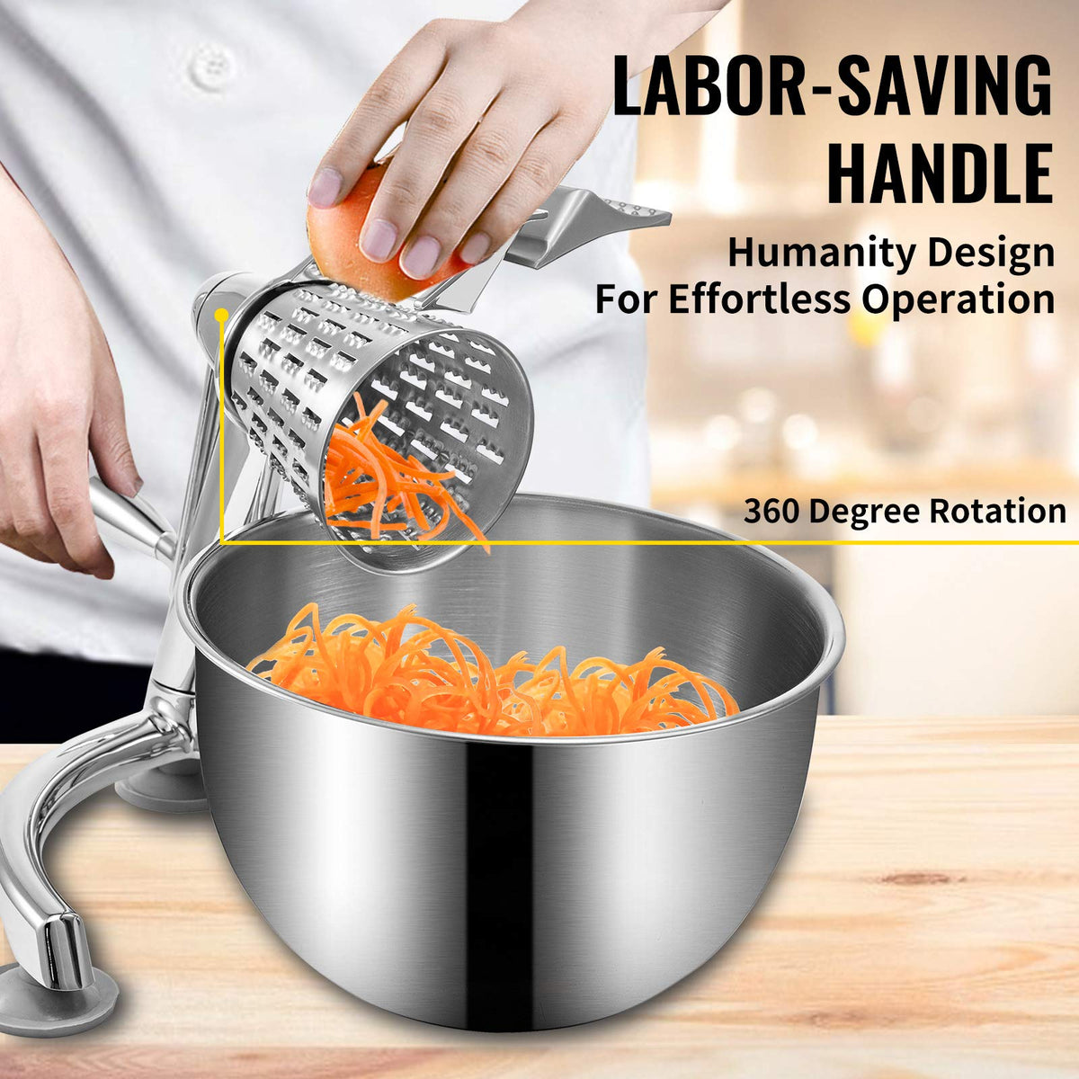 VEVOR - Rallador rotatorio de queso, mandolina rotativa de aleación de zinc, mandolina de queso manual con 5 conos de corte de acero inoxidable, rallador manual de verduras con tazón de 2,5 L, trituradora rotativa con base de succión