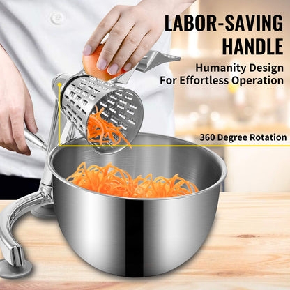 VEVOR - Rallador rotatorio de queso, mandolina rotativa de aleación de zinc, mandolina de queso manual con 5 conos de corte de acero inoxidable, rallador manual de verduras con tazón de 2,5 L, trituradora rotativa con base de succión