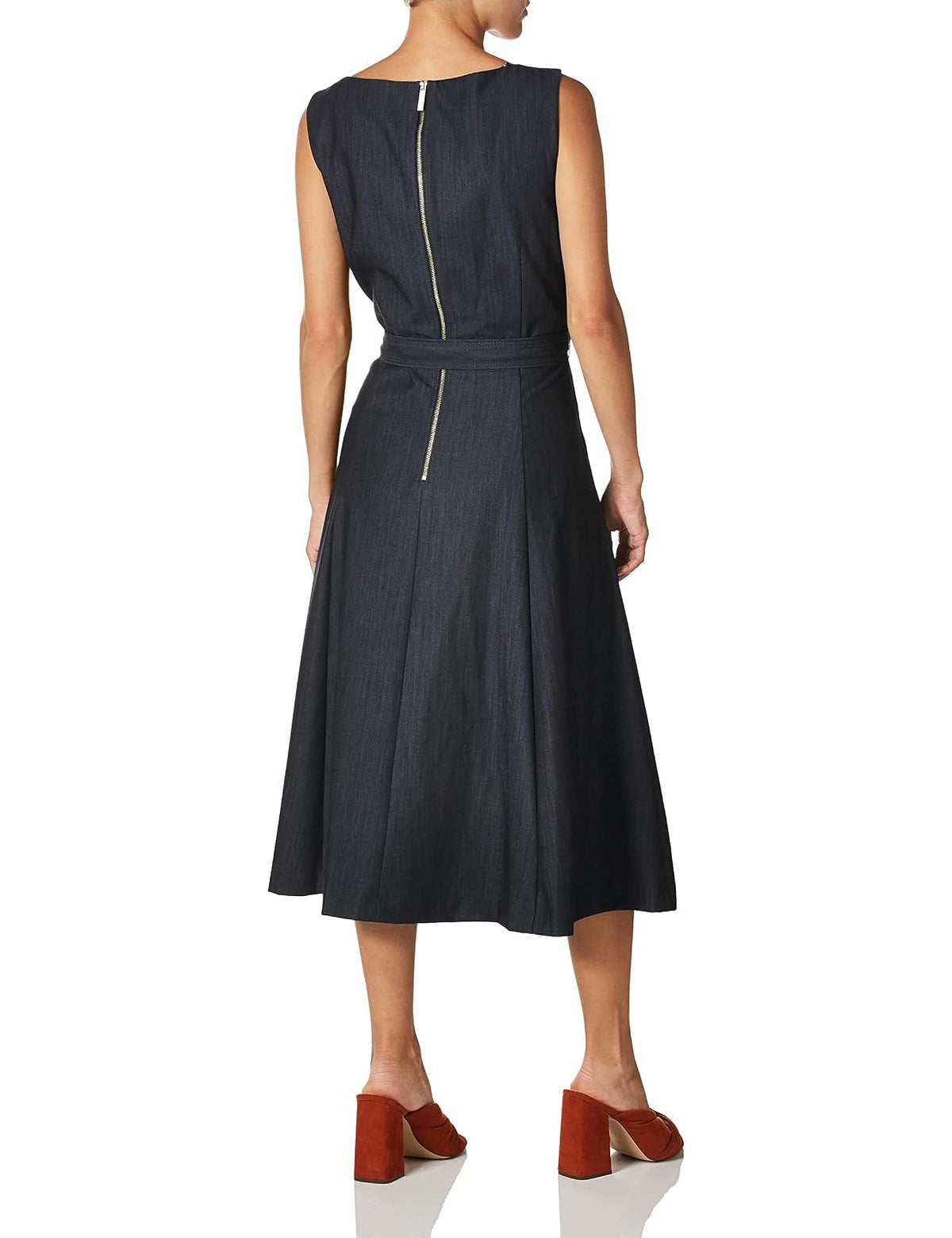 Calvin Klein Petite sin Mangas de Cuello Cuadrado Ajuste & Flare con Auto Lazo cinturón Vestido Vestido para Mujer
