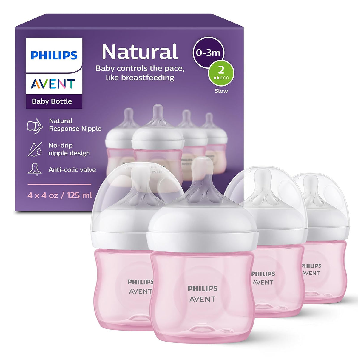 Philips Avent Biberón Natural Response, Flujo Lento, 4 Oz - Rosa - Rebel Fun. - 4 Fl Oz (Pack of 4) - Natural - 4 onzas