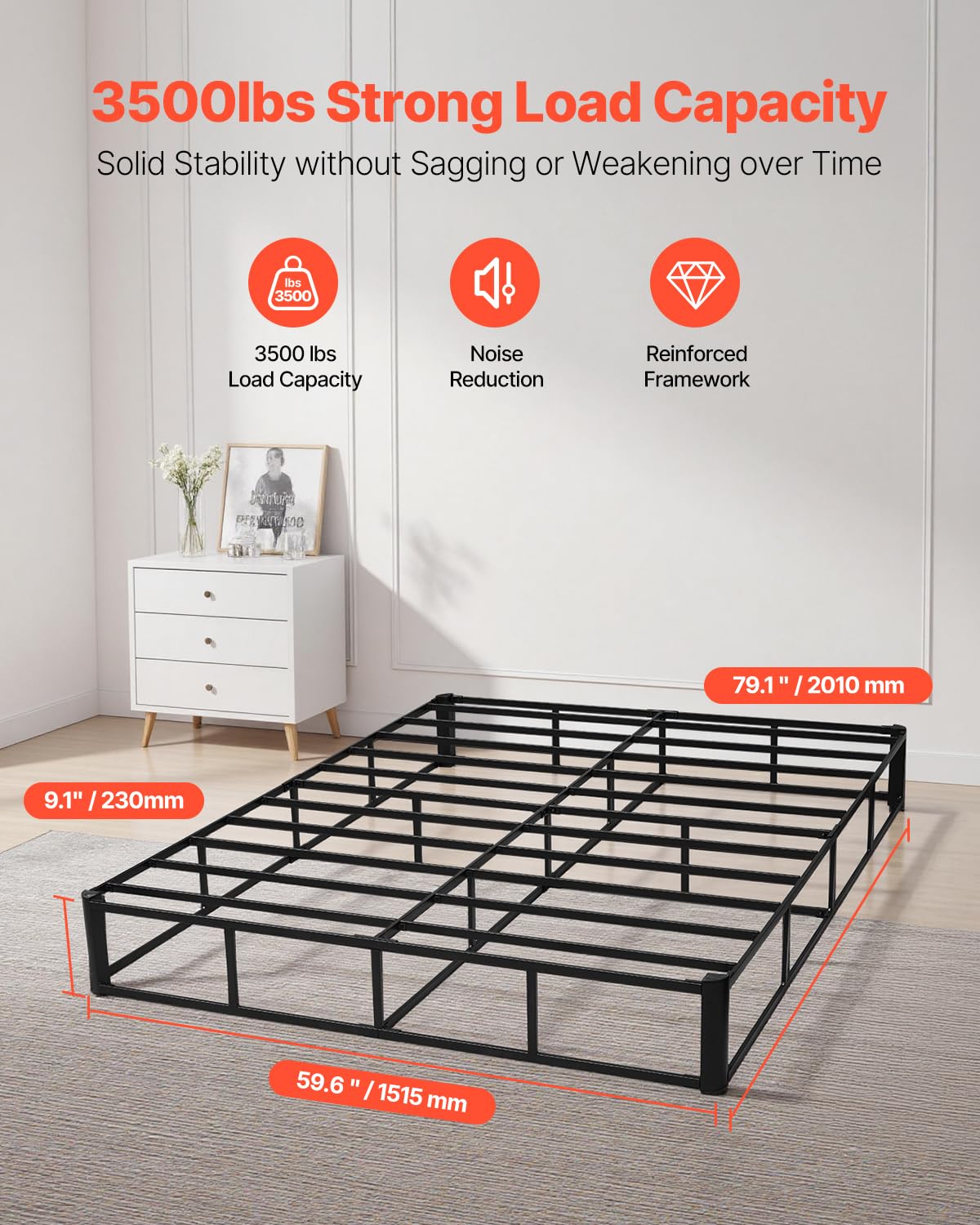 VEVOR - Somier de cama tamaño Queen con tela lavable, marco de metal resistente para cama Queen, base de colchón de 9 pulgadas, capacidad máxima de peso de 3500 libras, fácil montaje, 79.1 pulgadas de