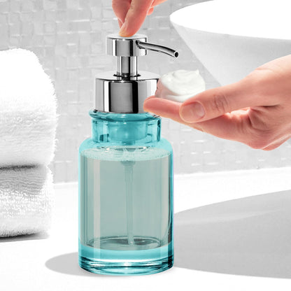 OGGI Dispensador de jabón espumante de vidrio – Capacidad de 10 onzas, redondo, vidrio pesado, elegante dispensador de jabón de manos rellenable, para baño y cocina, agua/cromo