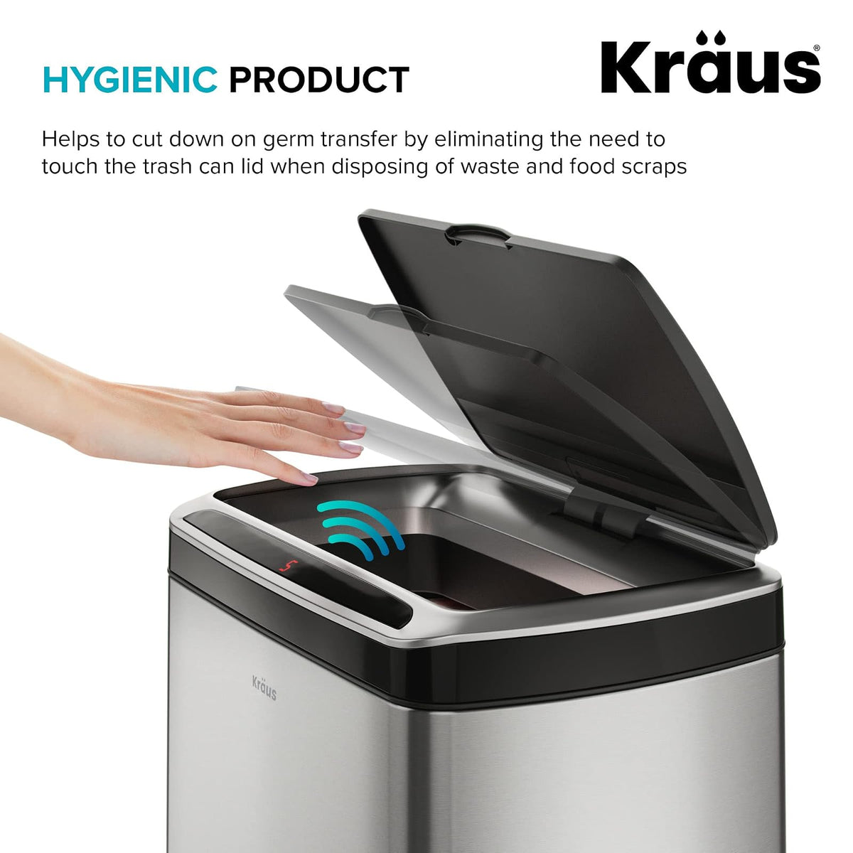 Kraus GarbagePro - Bote de basura rectangular de 13 galones con sensor de movimiento manos libres funciona con pilas en acabado negro mate con tapa SoftShut Touchless, KTCS-10MB