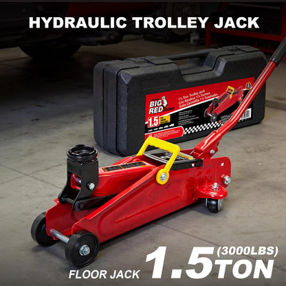 Big Red T820014S Torin - Gato hidráulico de Servicio de Carretilla/Piso con Funda de Almacenamiento de Molde de soplado, Capacidad de 1.5 toneladas (3 Libras), Color Rojo