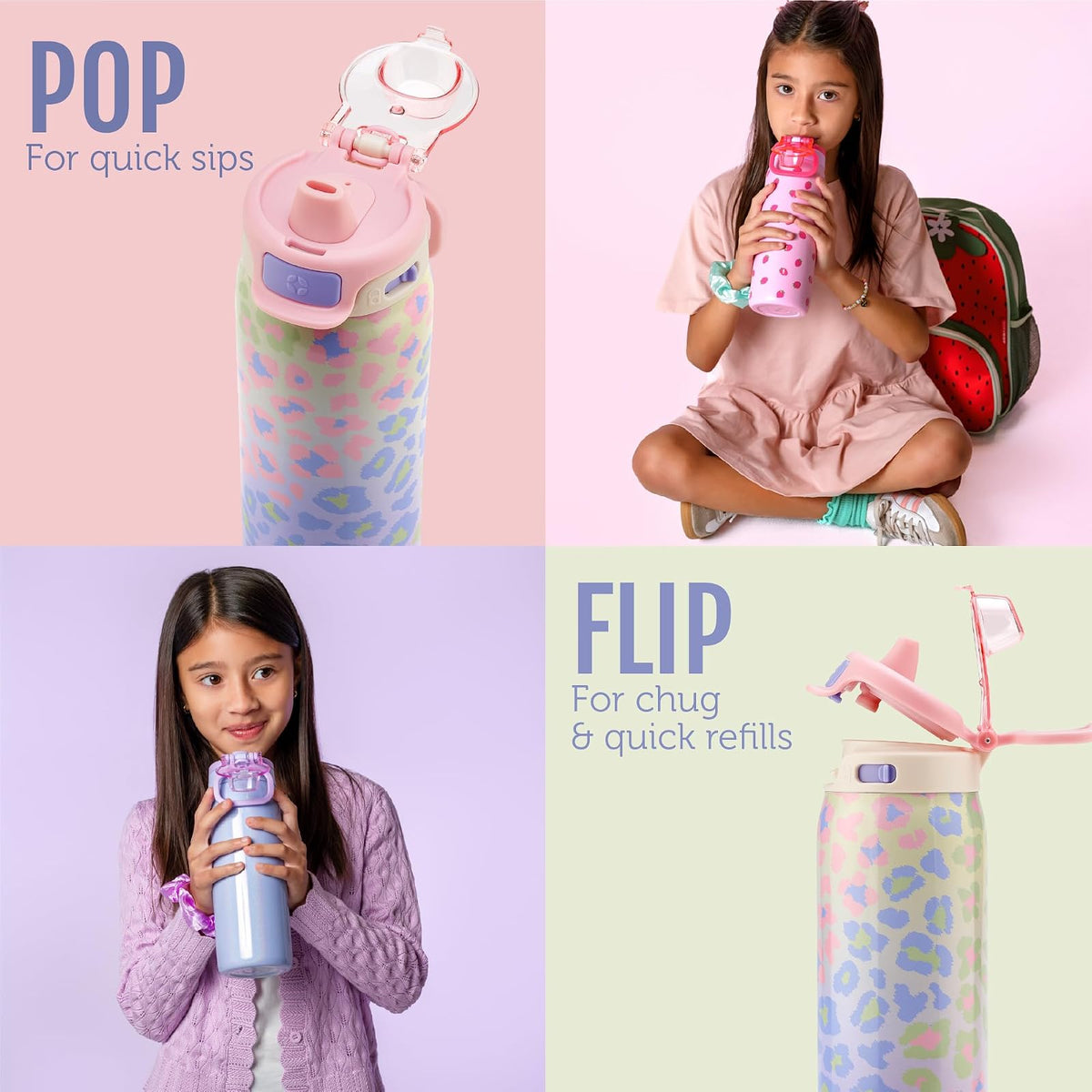 Ello Kids Pop & Fill - Botella de agua de acero inoxidable de 18 onzas con tecnología de llenado rápido, aislamiento al aspiradora de doble pared, tapa de bloqueo a prueba de fugas, sin BPA, regalos