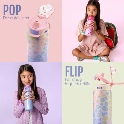 Ello Kids Pop & Fill - Botella de agua de acero inoxidable de 18 onzas con tecnología de llenado rápido, aislamiento al aspiradora de doble pared, tapa de bloqueo a prueba de fugas, sin BPA, regalos