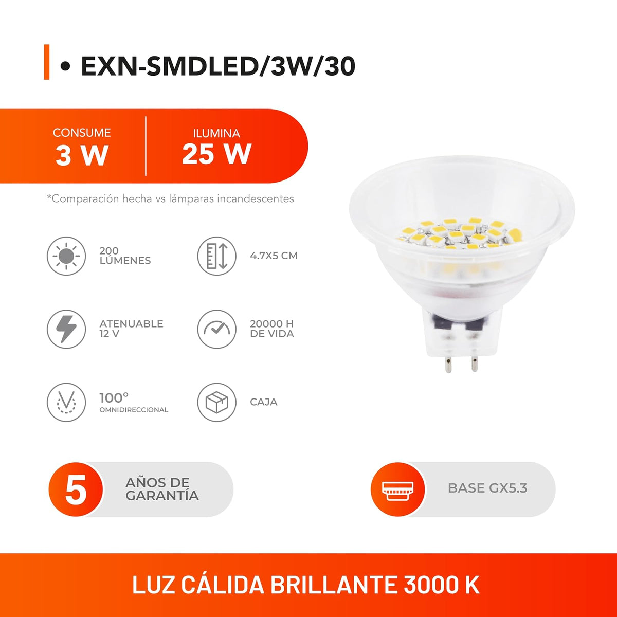 Tecnolite - Foco EXN LED 3 W, Luz Suave Cálida, 12 V, Base GX5.3, No atenuable