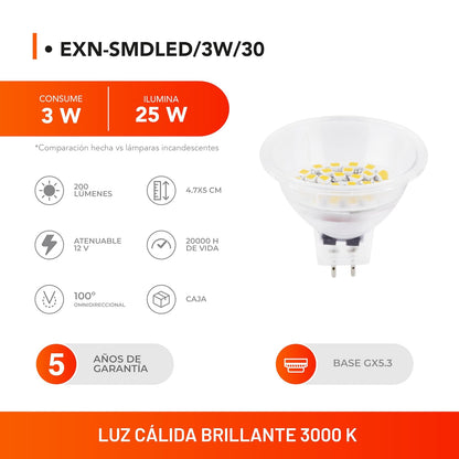 Tecnolite - Foco EXN LED 3 W, Luz Suave Cálida, 12 V, Base GX5.3, No atenuable