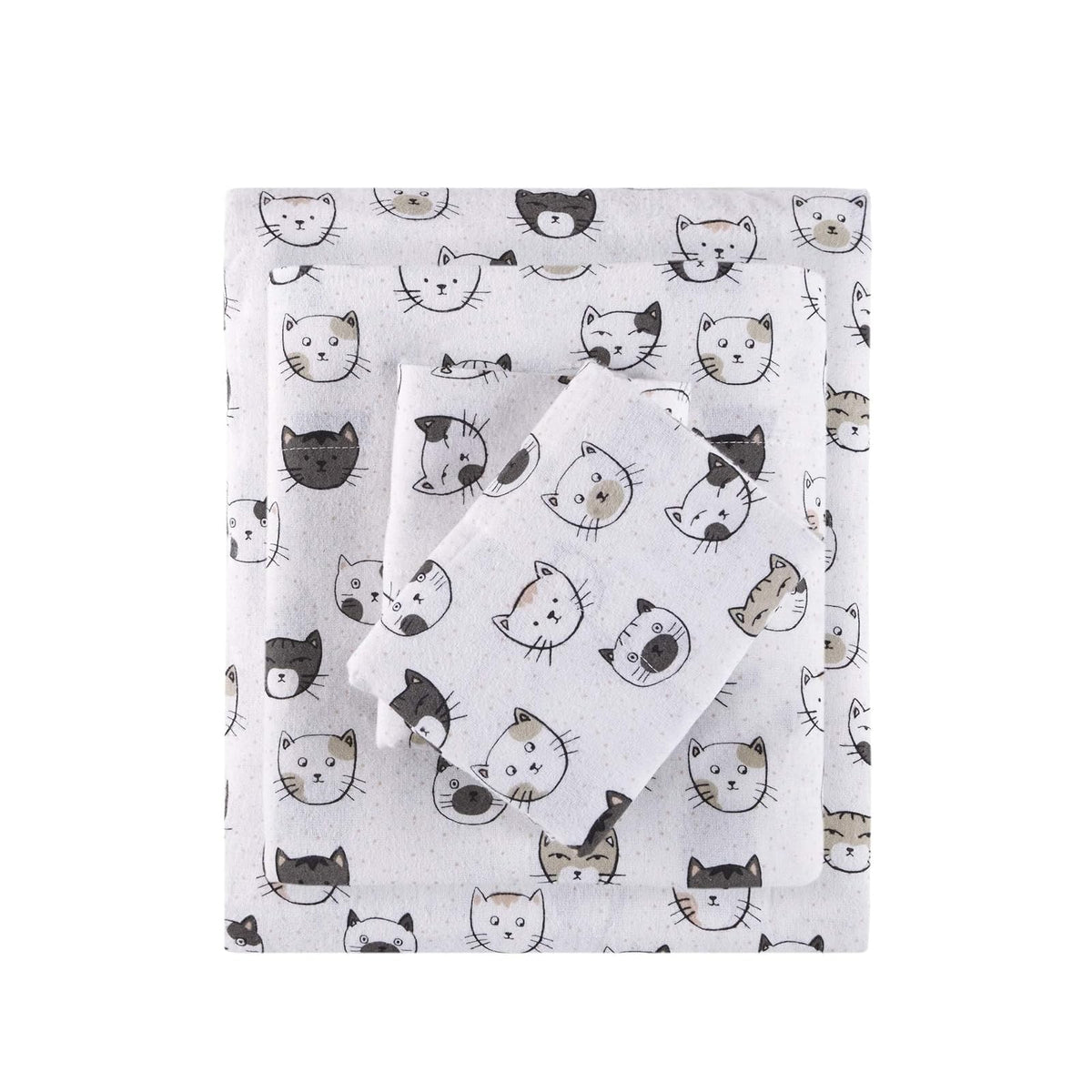 Juego de Sábanas de Franela de Algodón con Estampado - Gris - Rosa Gatos - Queen