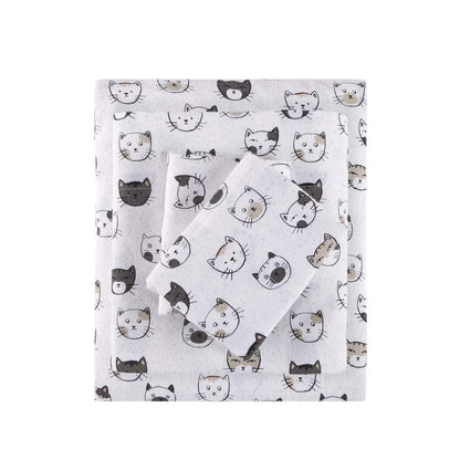 Juego de Sábanas de Franela de Algodón con Estampado - Gris - Rosa Gatos - Queen