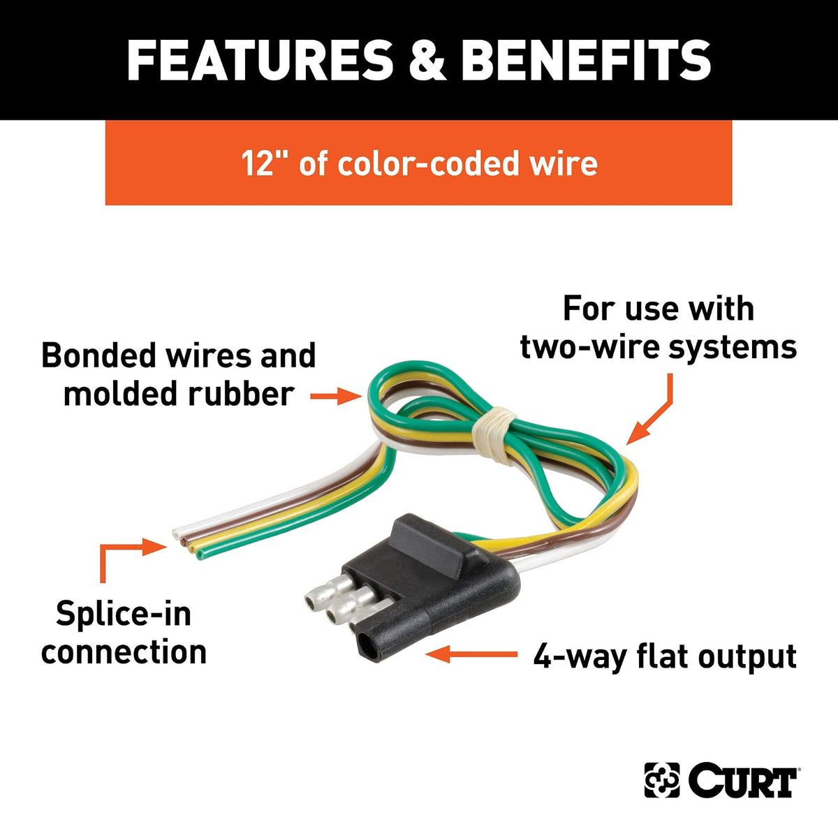 CURT 58030 Arnés de cableado Plano de 4 Pines para el Lado del Remolque con Cables de 12 Pulgadas