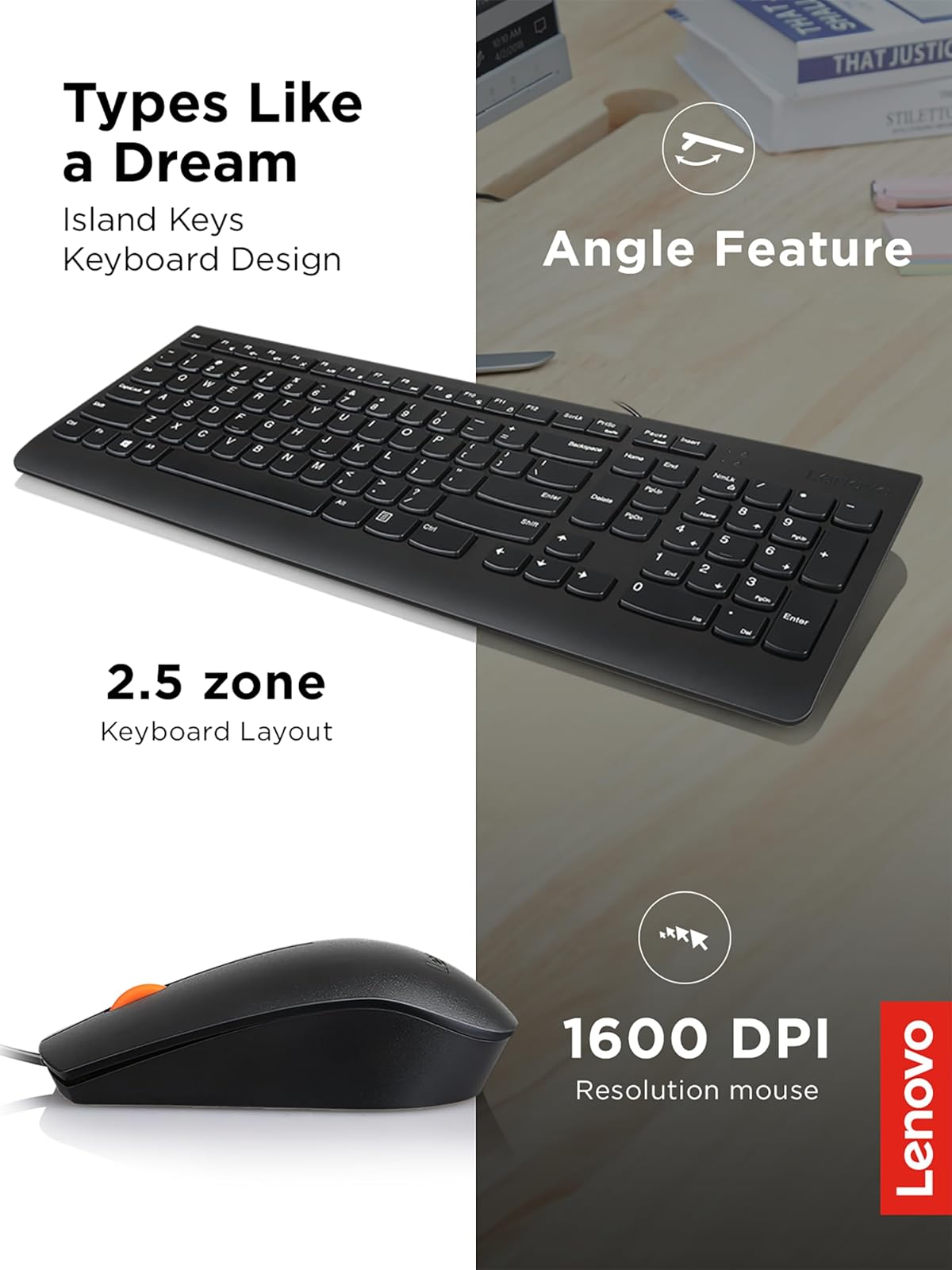 Lenovo 300 USB Combo, Teclado y Mouse con Cable de tamaño Completo, ergonómico, Mouse Izquierdo o Derecho, Mouse óptico, GX30M39606, Negro