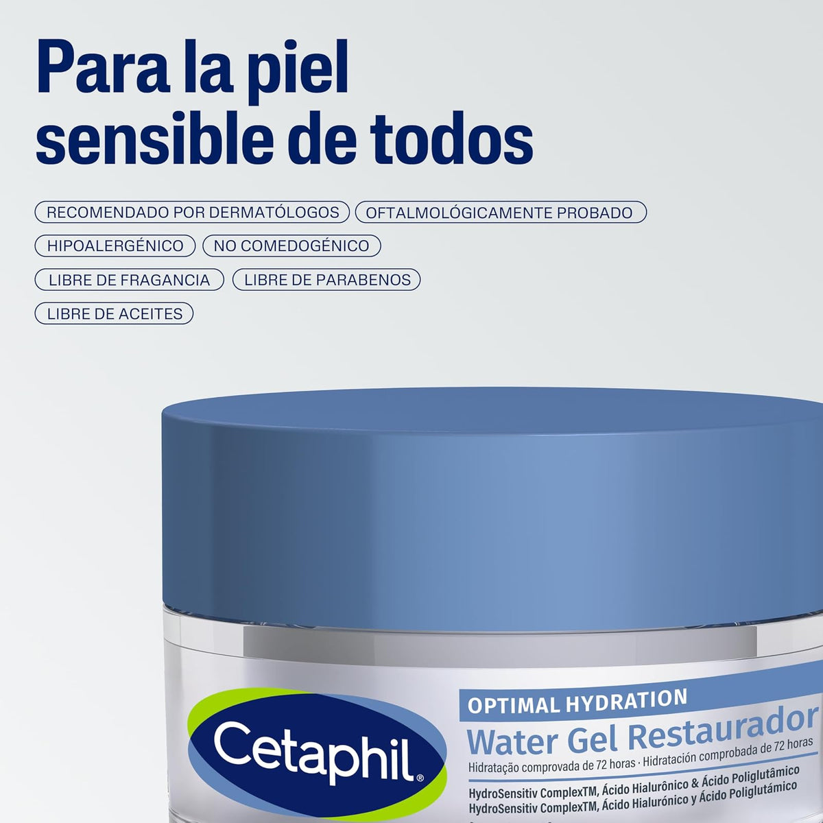 Cetaphil Optimal Hydration Water Gel Restaurador Piel Mixta o Grasa 48 g | Hidrata 72 h, fortalece barrera 24 h y calma sensibilidad con ácido hialurónico, poliglutámico, niacinamida y margarita azul.