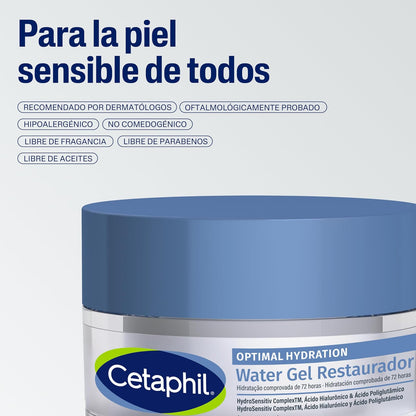 Cetaphil Optimal Hydration Water Gel Restaurador Piel Mixta o Grasa 48 g | Hidrata 72 h, fortalece barrera 24 h y calma sensibilidad con ácido hialurónico, poliglutámico, niacinamida y margarita azul.
