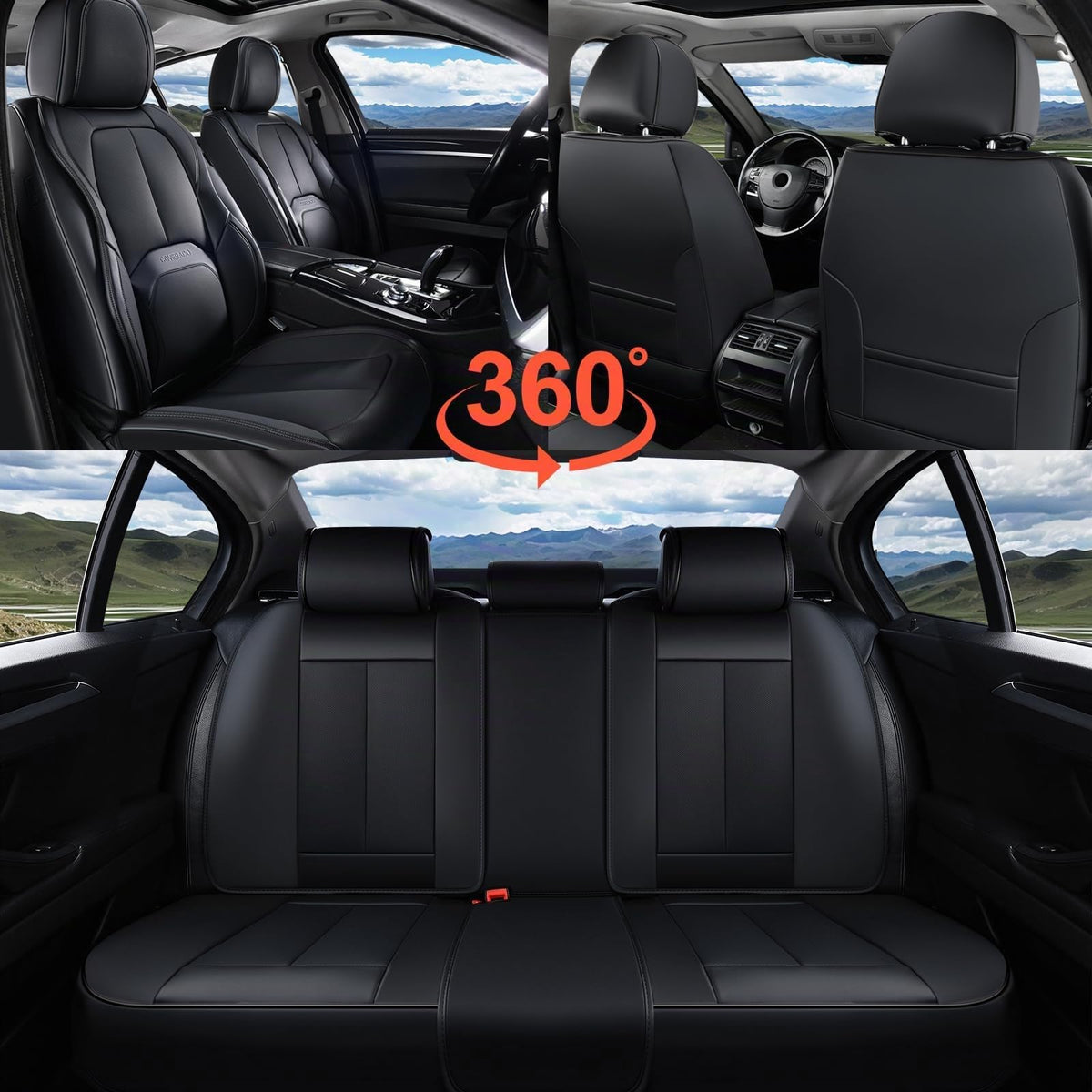 Coverado Juego Completo de Fundas de Asiento de Piel Napa Negro, Impermeables con Soporte Lumbar, Ajuste Universal