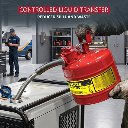 Justrite 7250130 Galvanized Steel, AccuFlow Type II Red Safety Can with 1" Flexible Spout, Large ID zone, Meets OSHA & NFPA For Handling Hazardous liquids. 5 Gallon (19L) Size.