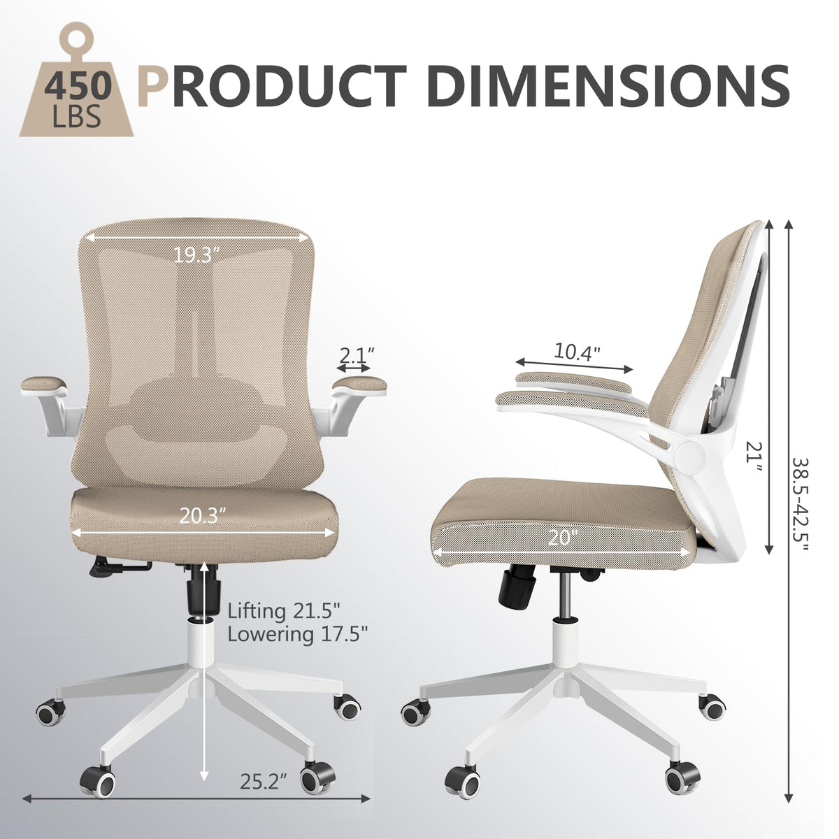 Silla ergonómica de Oficina con Soporte Lumbar, Silla de computadora de Malla con Respaldo Alto con Brazos abatibles, Silla de Trabajo Ajustable para computadora, Color Caqui