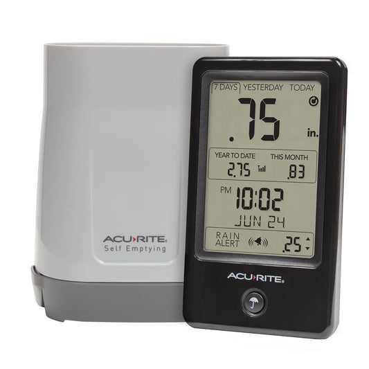 AcuRite - Medidor de Lluvia inalámbrico con colector de Lluvia autovaciado con historial de Lluvia, alertas y Fecha y Hora Actuales (02446M)