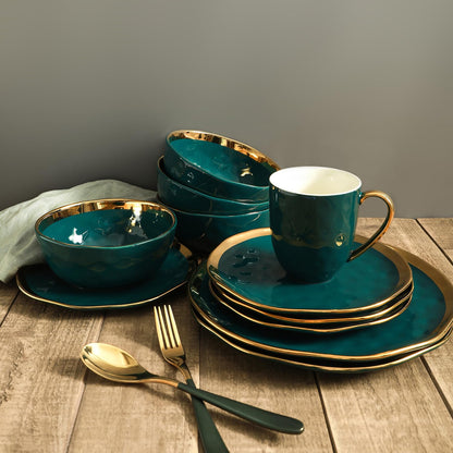 Stone Lain - Vajilla de porcelana de 16 piezas, servicio para 4, verde con ribete dorado