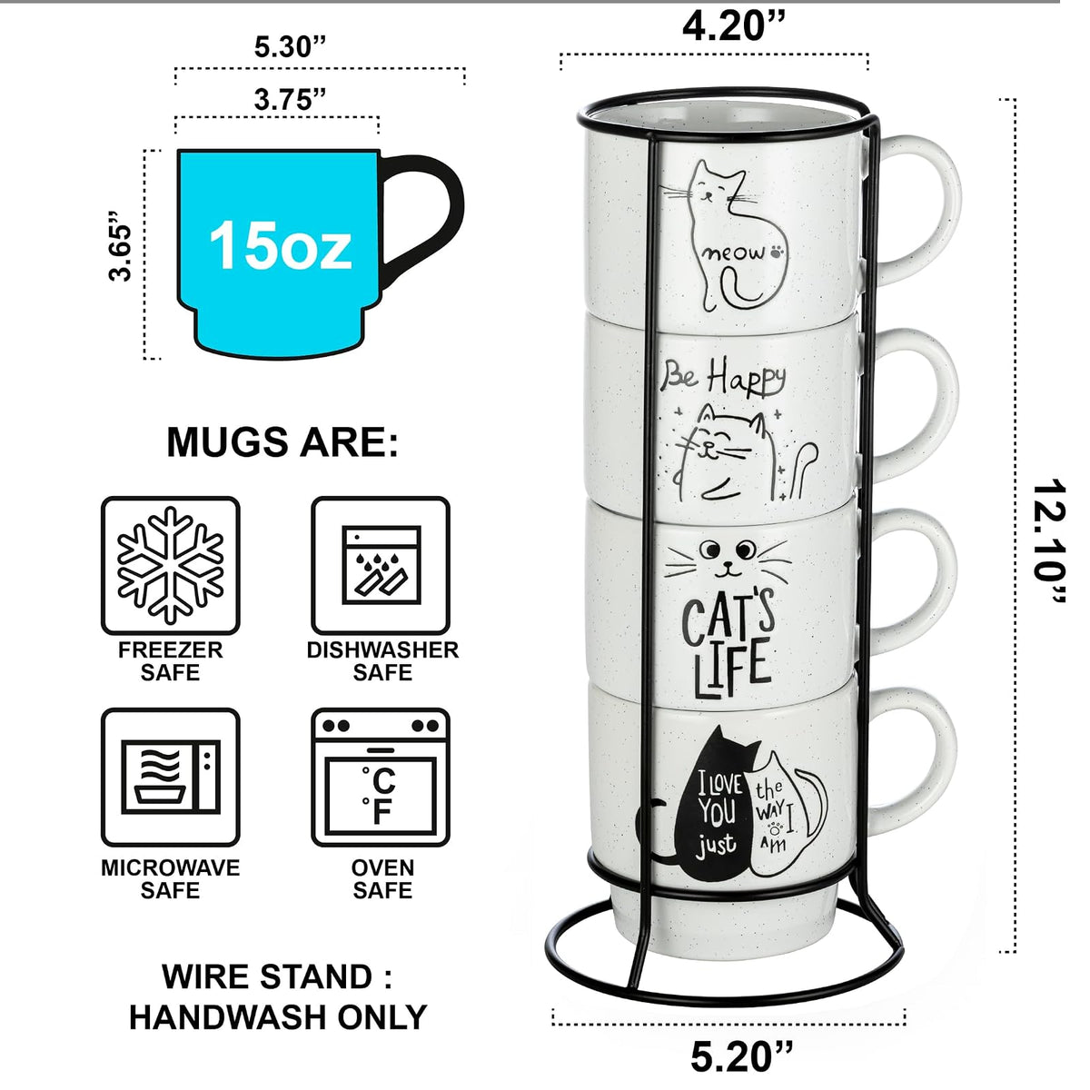 Signature Housewares - Juego de 4 tazas de café apilables con estante de alambre de metal, tazas de café de 15 onzas para café, té, cacao, leche, capuchino, chocolate caliente, vida de gato