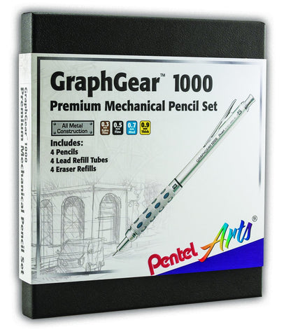 Pentel GraphGear 1000 - Lápiz de dibujo automático, set de regalo 4 juegos, Plateado, 0.3mm, 0.5mm, 0.7mm, 0.9mm