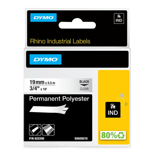 DYMO RhinoPRO 3 Permanent Adhesive Polyester Label Tape, 3/4-inch, 18-foot Cassette, Clear (622290)