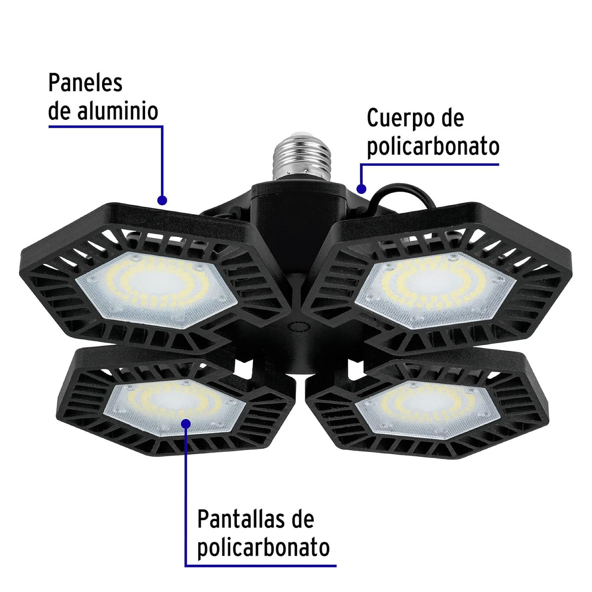 Volteck ABA-701L, Luminario LED 100 W, aluminio con 4 paneles abatibles, luz blanca fría 6500K, color negro