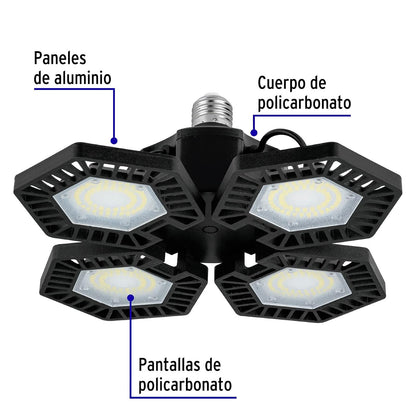 Volteck ABA-701L, Luminario LED 100 W, aluminio con 4 paneles abatibles, luz blanca fría 6500K, color negro