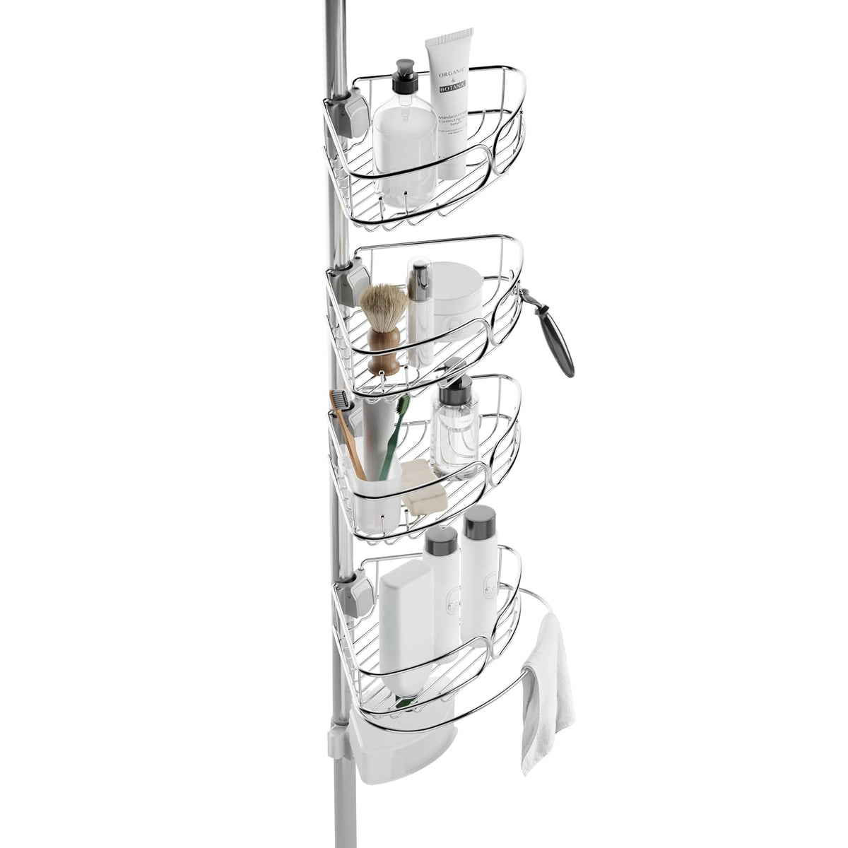 Zenna Home - Organizador de Esquina para Ducha con Poste de tensión, Organizador Ajustable para Ducha de pie con 4 estantes, Organizador de Barra de tensión de baño, de 60 a 108 Pulgadas, Acero