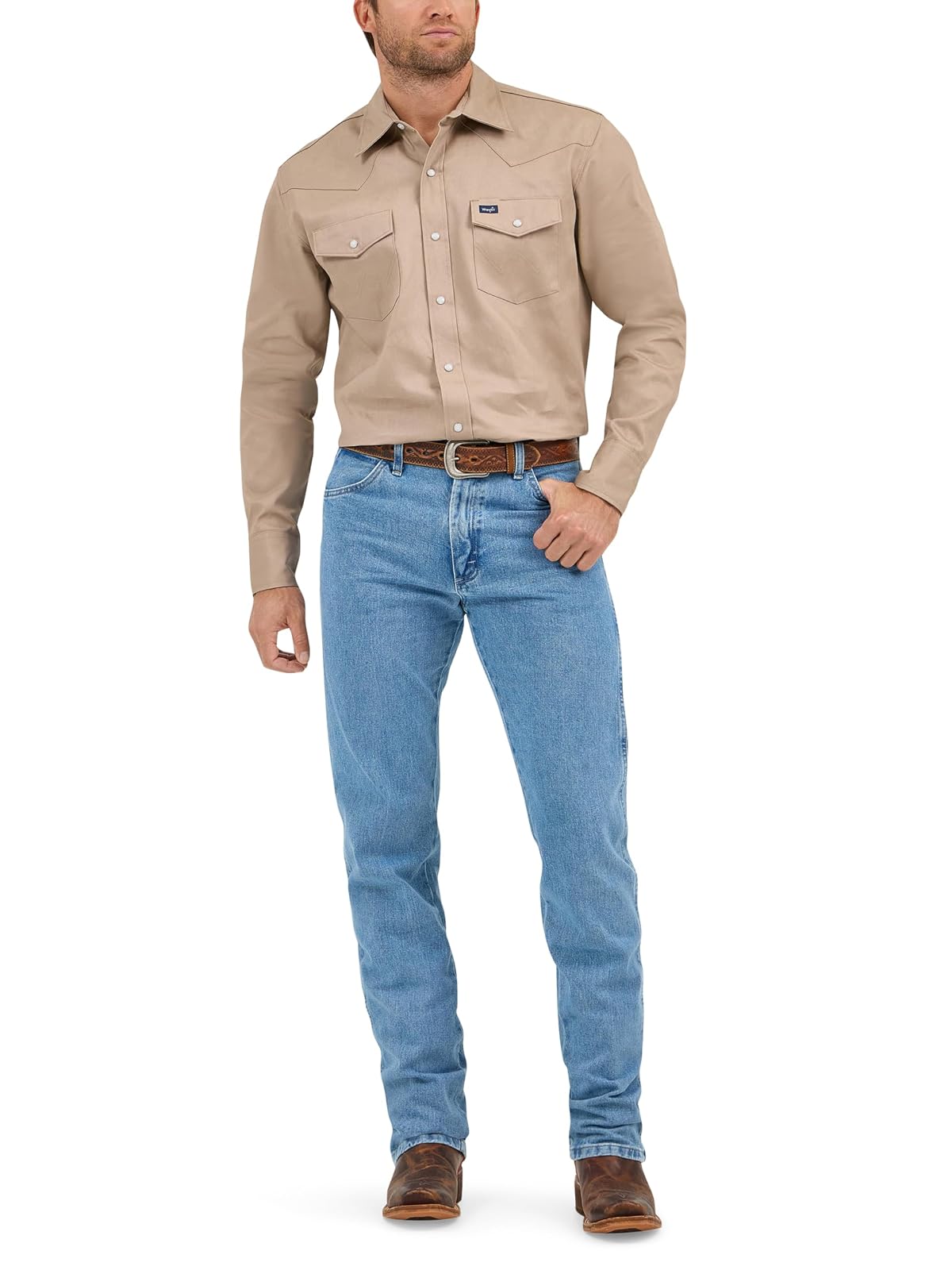 Wrangler Camisa de Trabajo Western de Manga Larga para Hombre - Caqui - XXL Alto