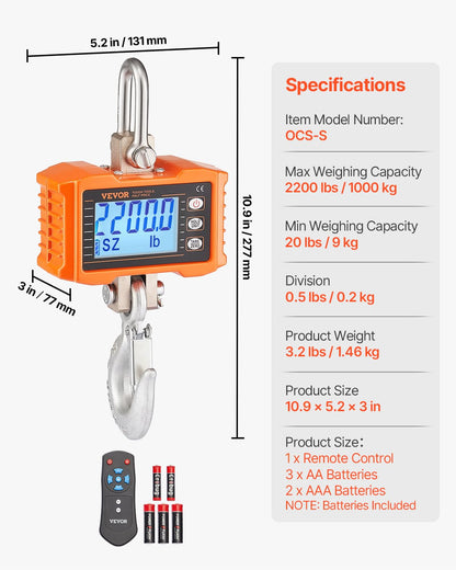 VEVOR Báscula industrial colgante de 1000 kg resistente digital con mando a distancia, báscula de carga, carcasa de aluminio fundido, pantalla LCD de alta precisión para construcción, fábrica, granja